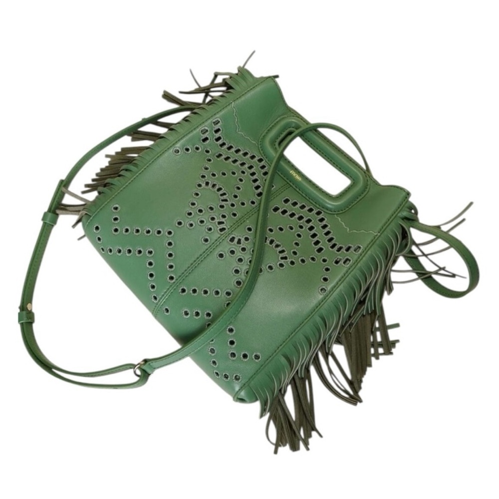 Maje Green Perforated Fringed Leather M Bag Convertible Clutch or Crossbody NWT - Picture 5 of 11